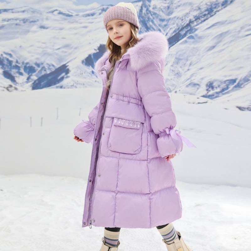 Mädchen Langer Daunenwattierter Mantel Winter Kinderjacke mit langem Fellkragen 130cm violett von Joom DACH