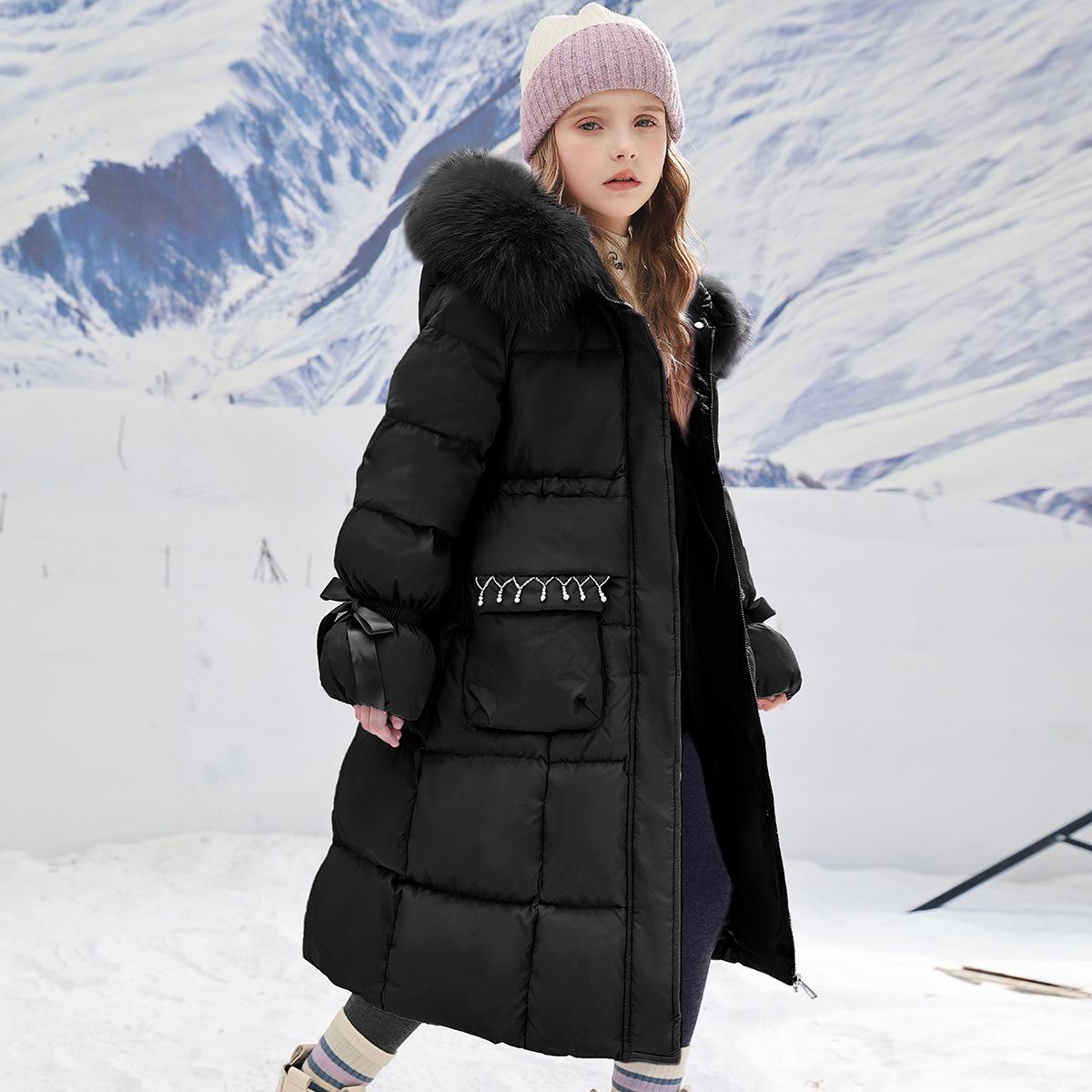 Mädchen Langer Daunenwattierter Mantel Winter Kinderjacke mit langem Fellkragen 170cm schwarz von Joom DACH