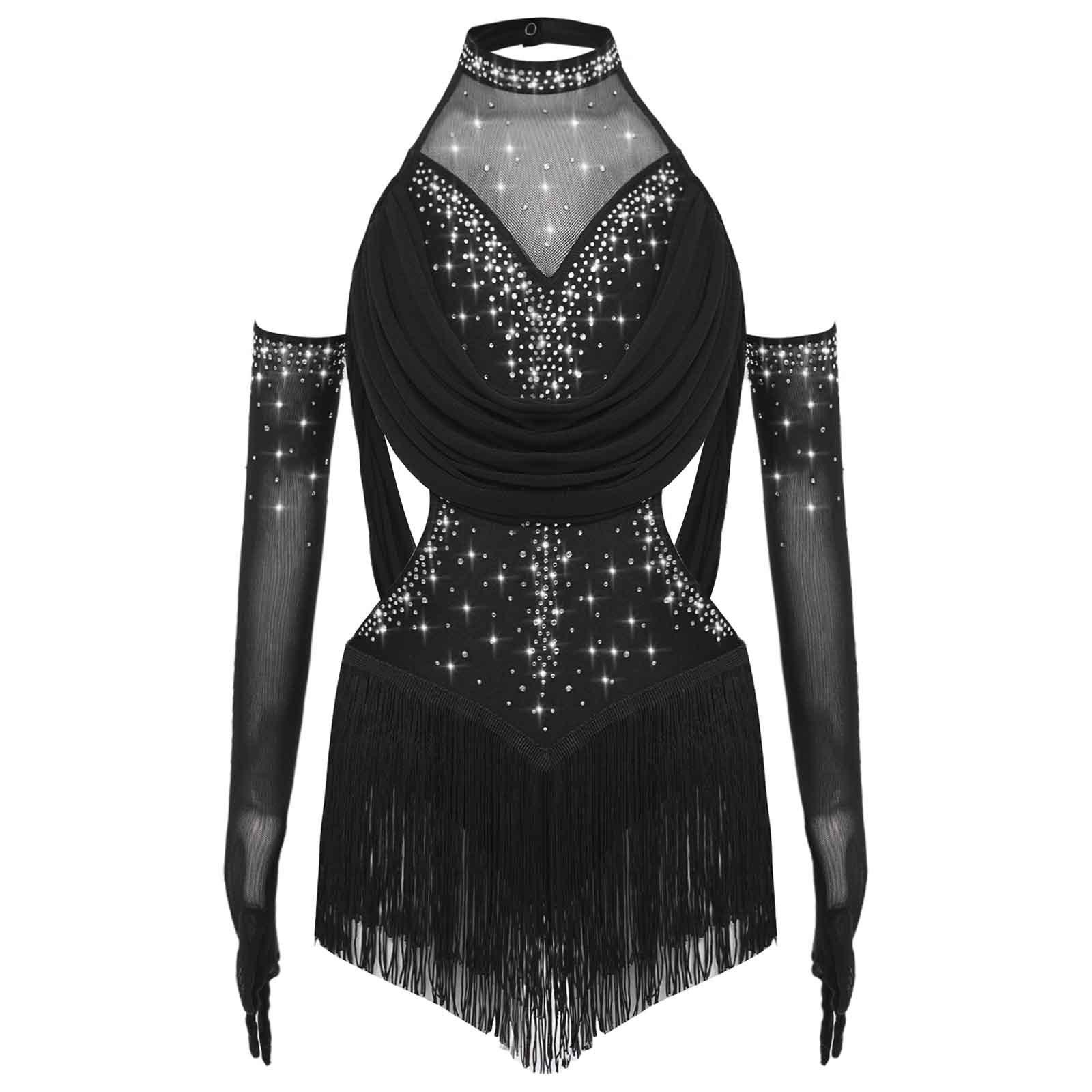 Mädchen Latein Tanzbody Gerafftes Mesh-Design mit Quasten Glitzer Strasssteinen und Mesh-Handschuhen 11-12 Years schwarz von Joom DACH