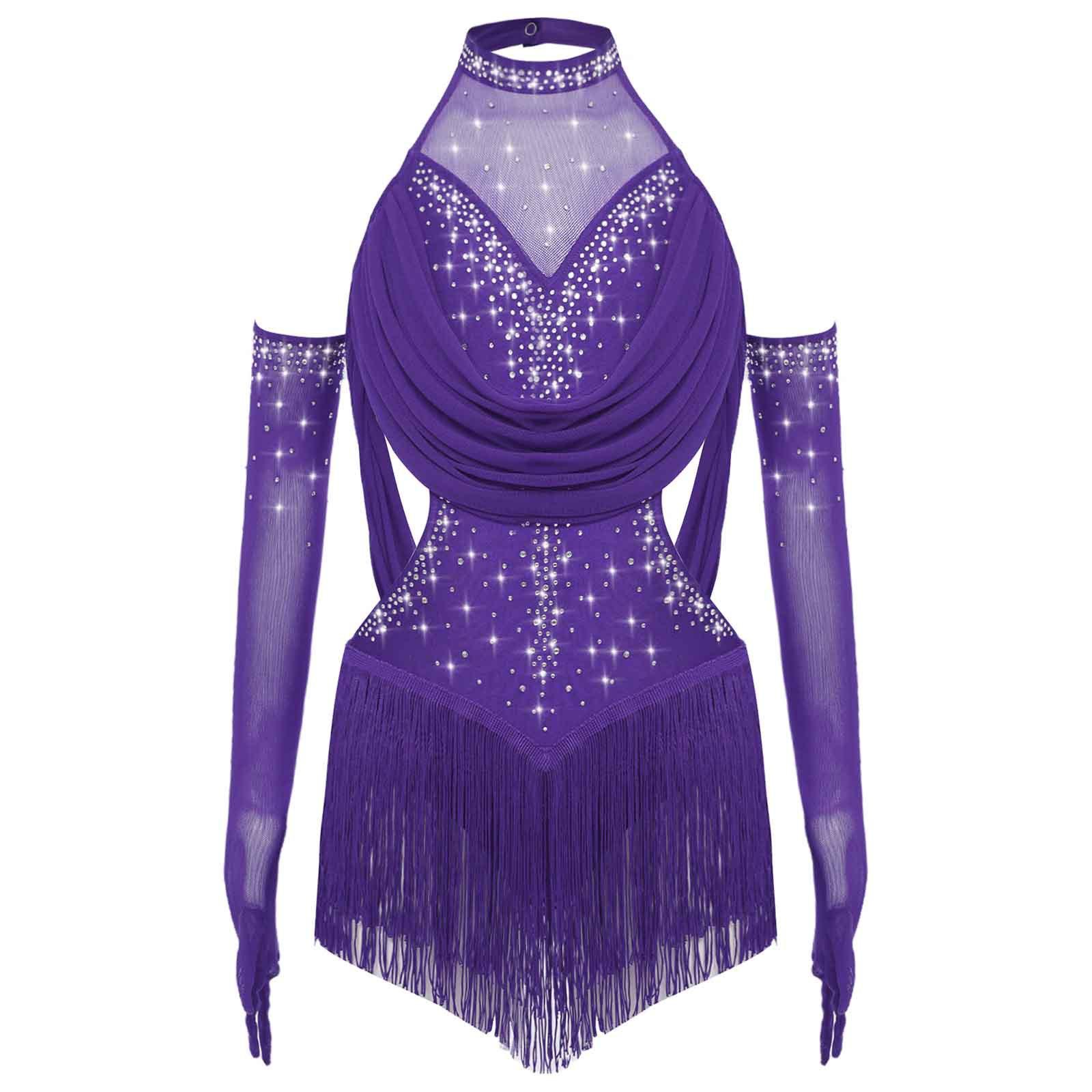 Mädchen Latein Tanzbody Gerafftes Mesh-Design mit Quasten Glitzer Strasssteinen und Mesh-Handschuhen 11-12 Years violett von Joom DACH