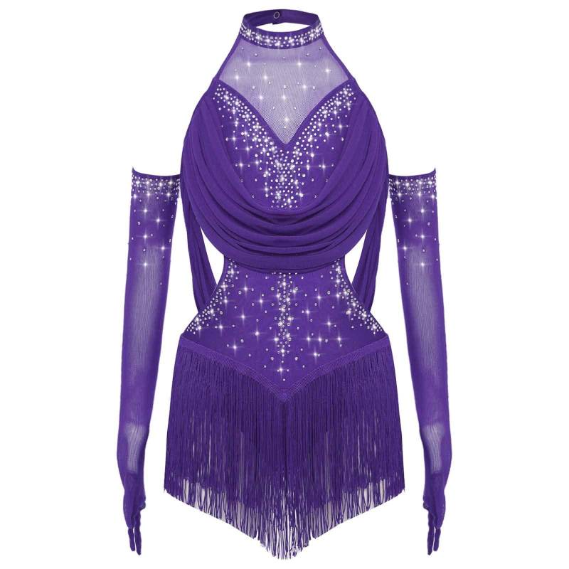 Mädchen Latein Tanzbody Gerafftes Mesh-Design mit Quasten Glitzer Strasssteinen und Mesh-Handschuhen 11-12 Years violett von Joom DACH
