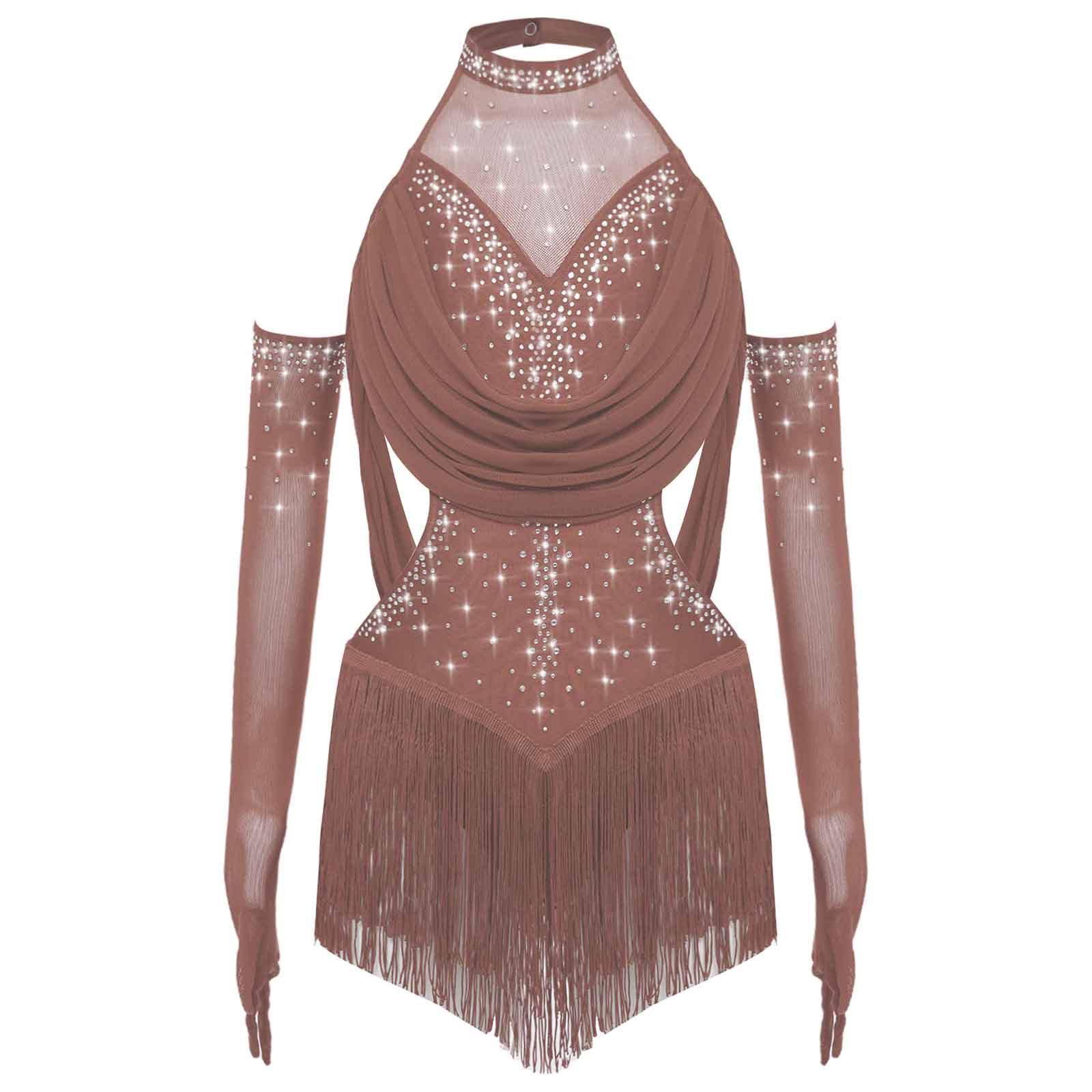 Mädchen Latein Tanzbody Gerafftes Mesh-Design mit Quasten Glitzer Strasssteinen und Mesh-Handschuhen 7-8 Years braun von Joom DACH