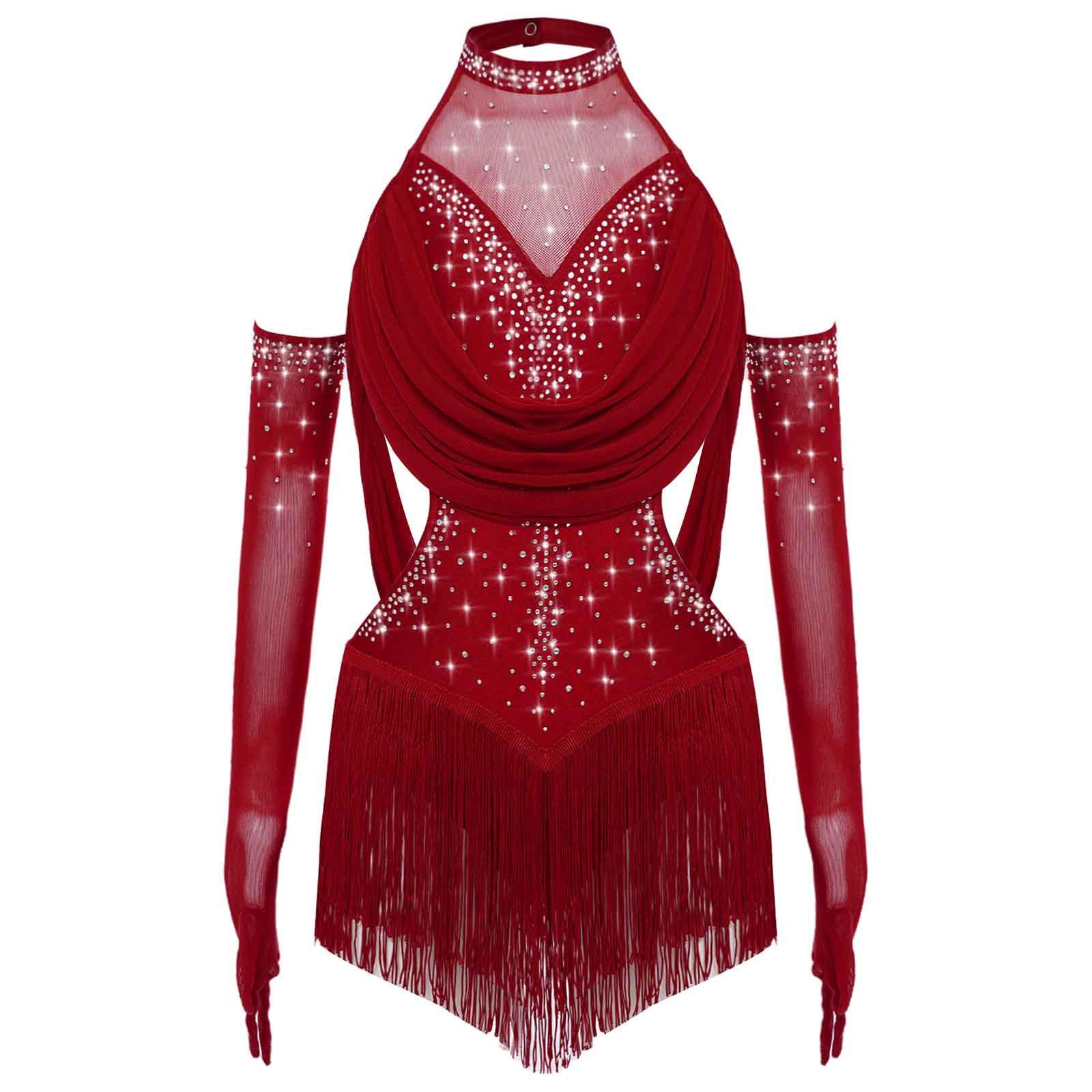 Mädchen Latein Tanzbody Gerafftes Mesh-Design mit Quasten Glitzer Strasssteinen und Mesh-Handschuhen 7-8 Years bordeaux von Joom DACH