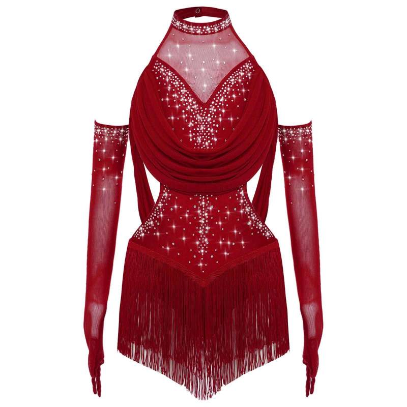 Mädchen Latein Tanzbody Gerafftes Mesh-Design mit Quasten Glitzer Strasssteinen und Mesh-Handschuhen 7-8 Years bordeaux von Joom DACH