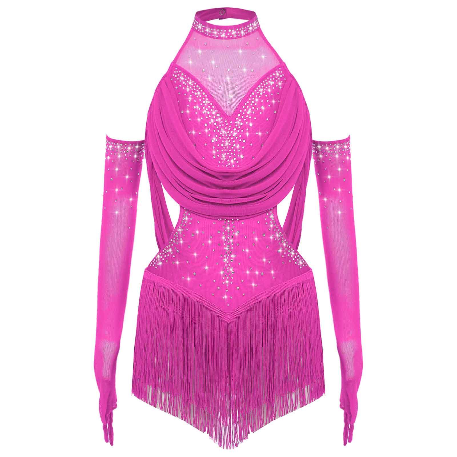 Mädchen Latein Tanzbody Gerafftes Mesh-Design mit Quasten Glitzer Strasssteinen und Mesh-Handschuhen 9-10 Years heißes rosa von Joom DACH