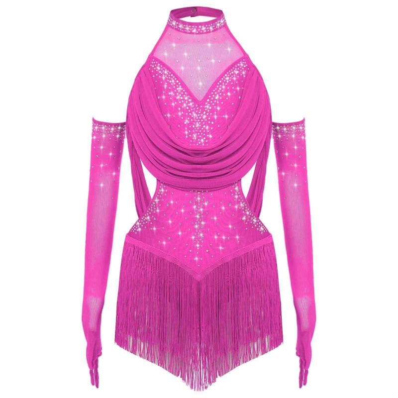Mädchen Latein Tanzbody Gerafftes Mesh-Design mit Quasten Glitzer Strasssteinen und Mesh-Handschuhen 9-10 Years heißes rosa von Joom DACH