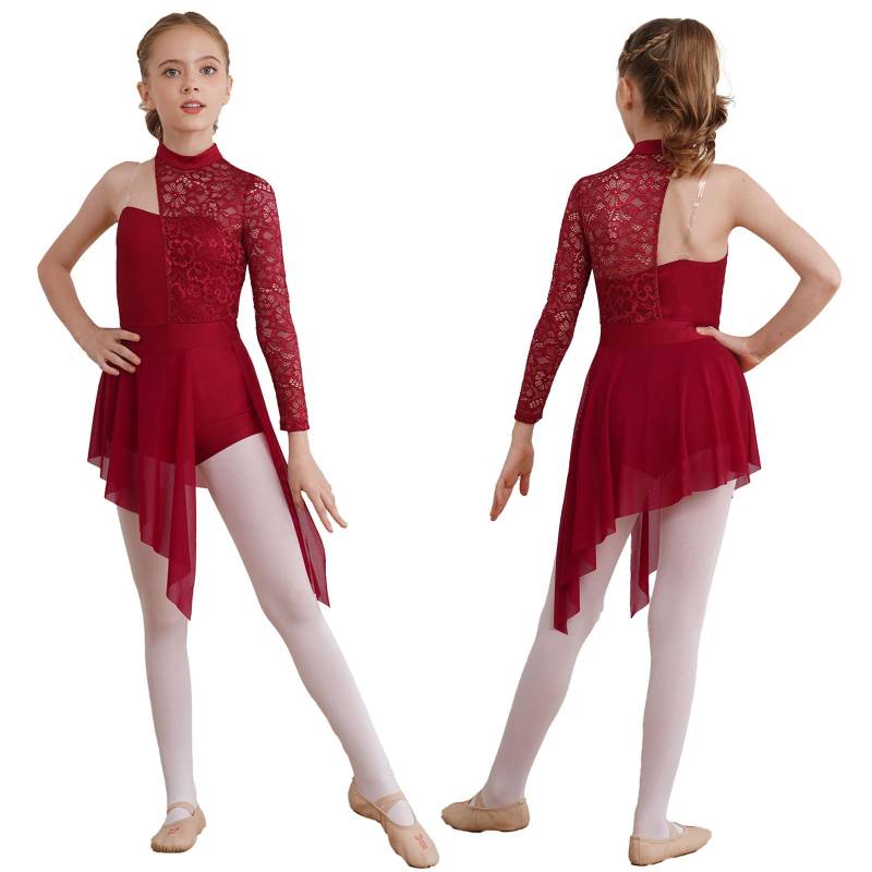 Mädchen Lyrisches Tanzkleid Halbes Blumen-Spitzenoberteil Asymmetrischer Saum Hotpants Einteiliger Jumpsuit für Tanzaufführung 11-12 Years bordeaux von Joom DACH