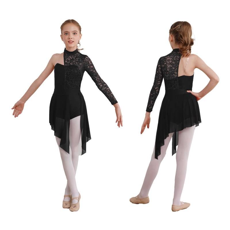 Mädchen Lyrisches Tanzkleid Halbes Blumen-Spitzenoberteil Asymmetrischer Saum Hotpants Einteiliger Jumpsuit für Tanzaufführung 13-14 Years schwarz von Joom DACH