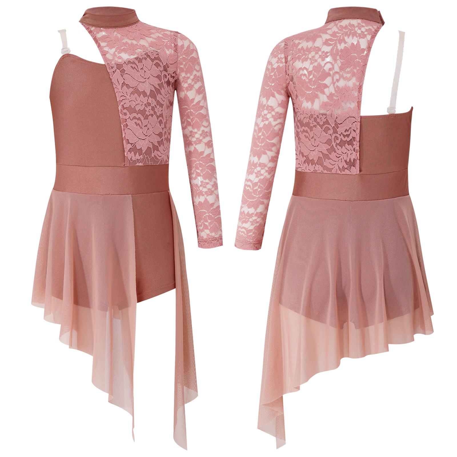 Mädchen Lyrisches Tanzkleid Halbes Blumen-Spitzenoberteil Asymmetrischer Saum Hotpants Einteiliger Jumpsuit für Tanzaufführung 13-14 Years von Joom DACH