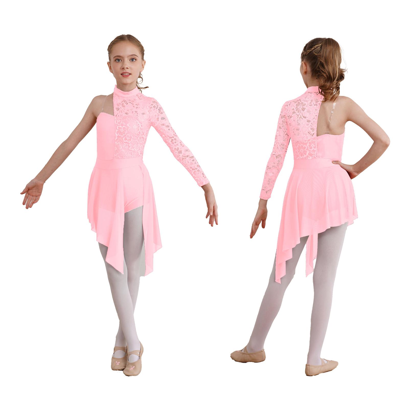 Mädchen Lyrisches Tanzkleid Halbes Blumen-Spitzenoberteil Asymmetrischer Saum Hotpants Einteiliger Jumpsuit für Tanzaufführung 5-6 Years rosa von Joom DACH