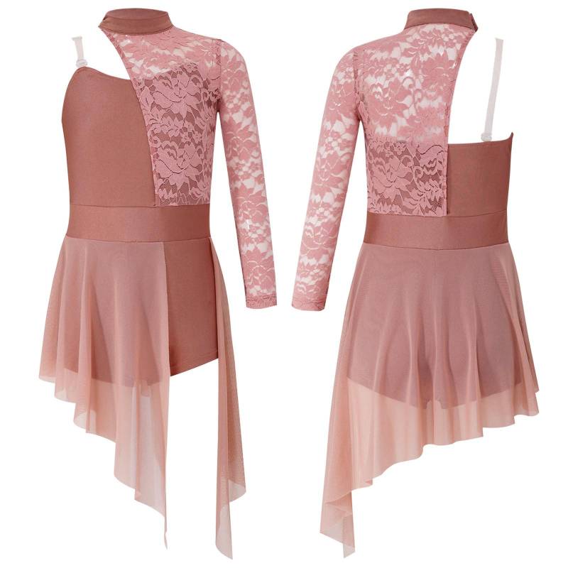 Mädchen Lyrisches Tanzkleid Halbes Blumen-Spitzenoberteil Asymmetrischer Saum Hotpants Einteiliger Jumpsuit für Tanzaufführung 9-10 Years braun von Joom DACH