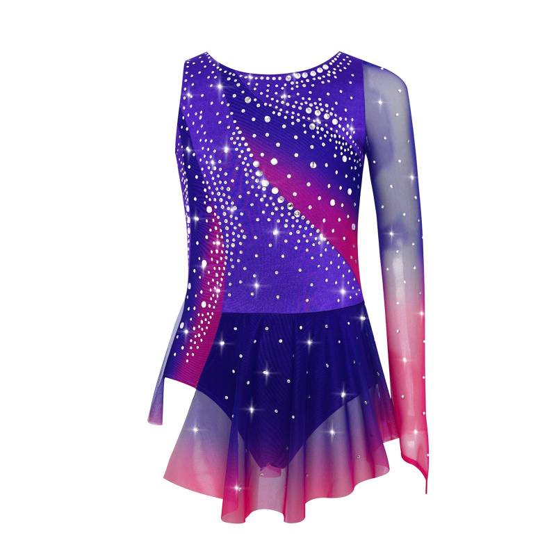 Mädchen Lyrisches Tanzkleid Rundhals Asymmetrischer Schlitz Glänzende Strasssteine Kontrastfarbe Eiskunstlauf Gymnastik Kleid 15-16 Years violett von Joom DACH