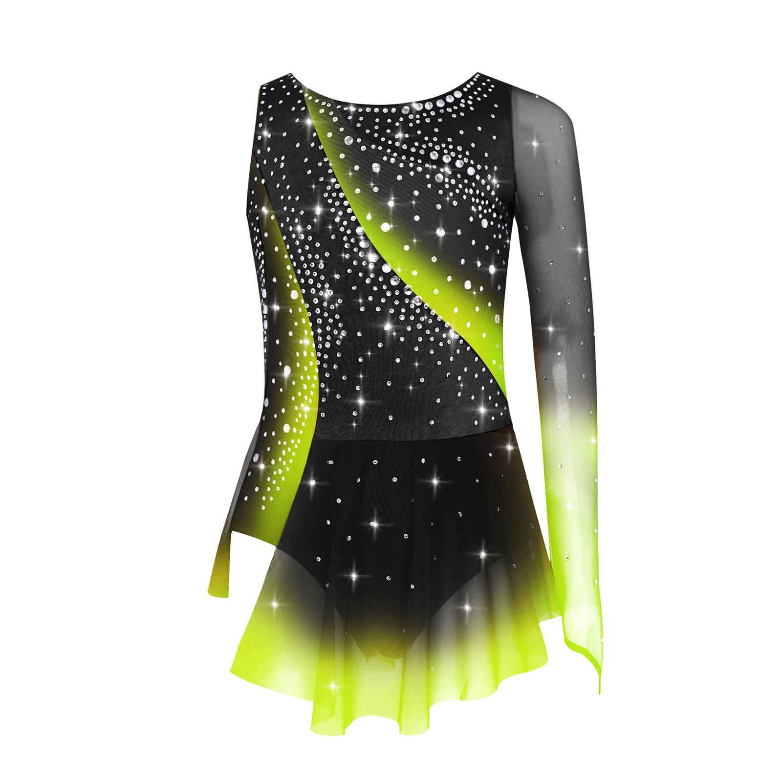 Mädchen Lyrisches Tanzkleid Rundhals Asymmetrischer Schlitz Glänzende Strasssteine Kontrastfarbe Eiskunstlauf Gymnastik Kleid 9-10 Years gelb von Joom DACH