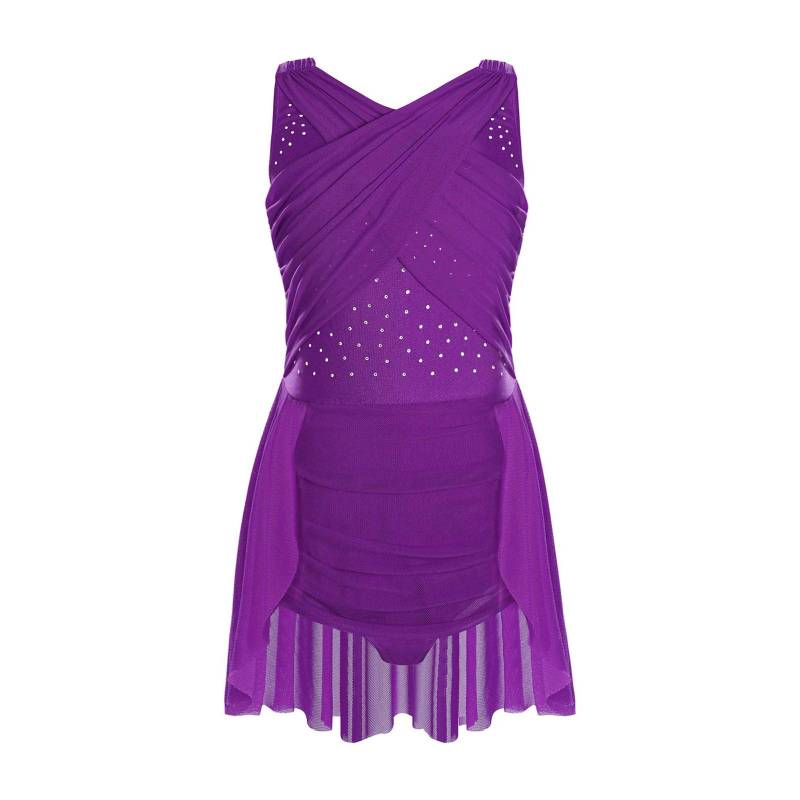 Mädchen Lyrisches Tanzkleid Überkreuztes Netz-Overlay Ausschnitt am Rücken Glänzende Strasssteine Unregelmäßiger Saum Eiskunstlaufkleid 13-14 Years violett von Joom DACH