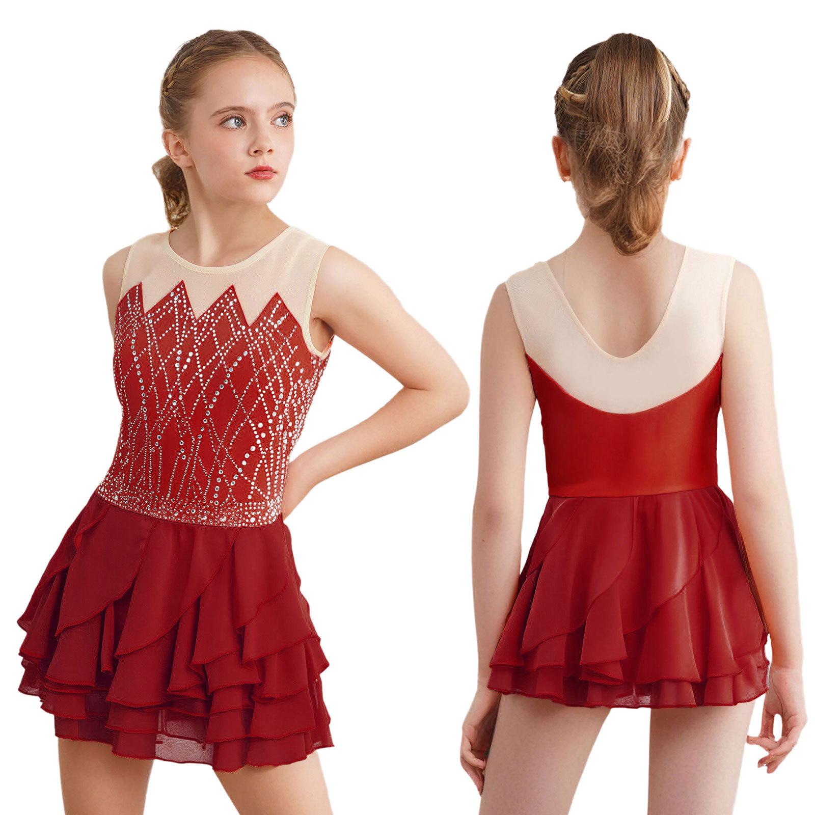 Mädchen Mesh Ballett Eiskunstlauf Kleid Tanz Kinder Strass Tanzbekleidung Rhythmische Gymnastik Turnanzüge Ballerina Kostüm 15-16 Years bordeaux von Joom DACH