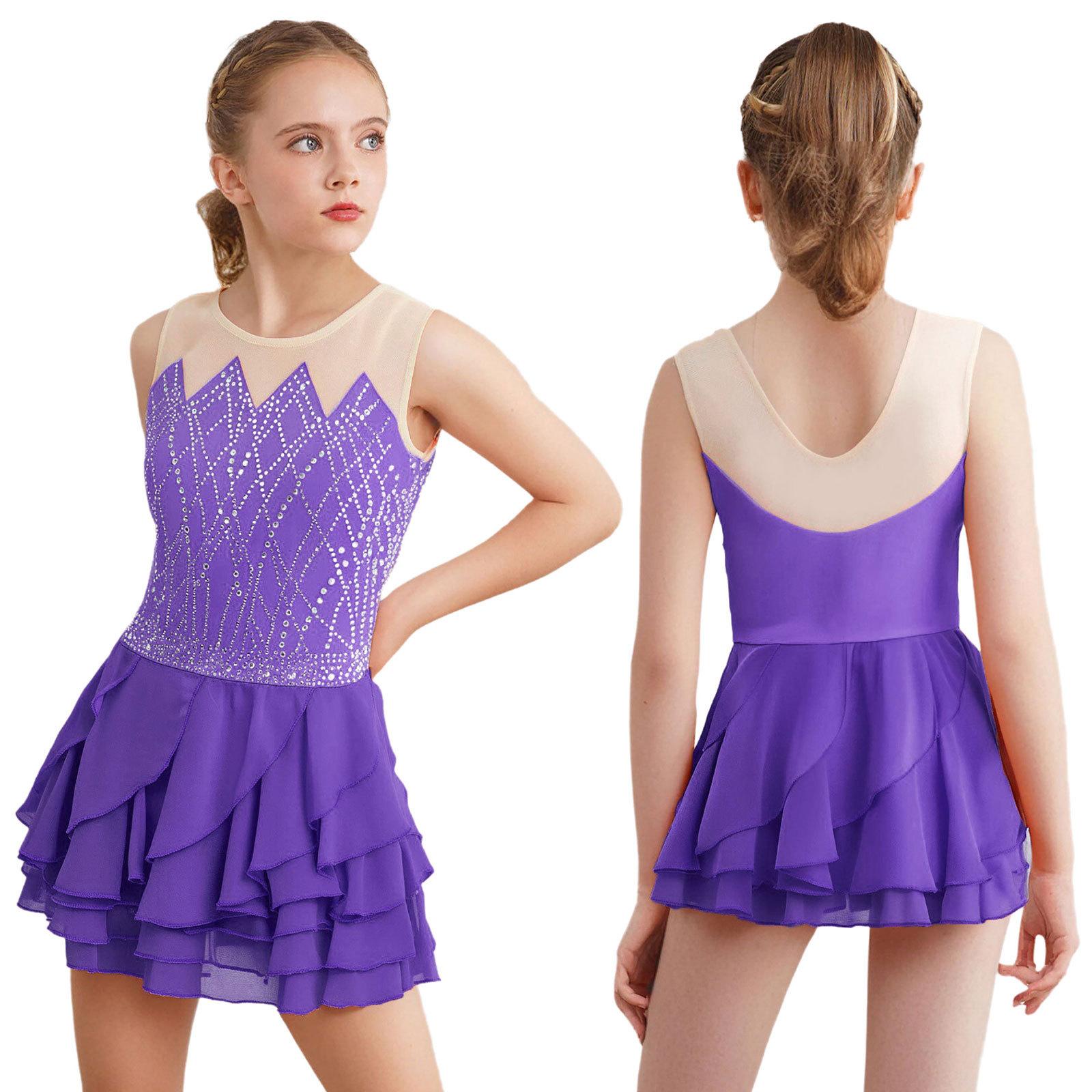 Mädchen Mesh Ballett Eiskunstlauf Kleid Tanz Kinder Strass Tanzbekleidung Rhythmische Gymnastik Turnanzüge Ballerina Kostüm 5-6 Years violett von Joom DACH