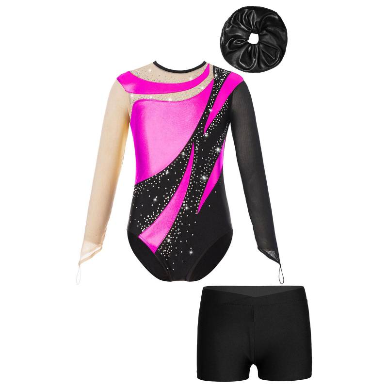 Mädchen Mesh Langarm Gymnastik Trikot Schlüsselloch Rücken Design mit V-Bund Shorts 7-8 Years schwarz/heißes rosa von Joom DACH