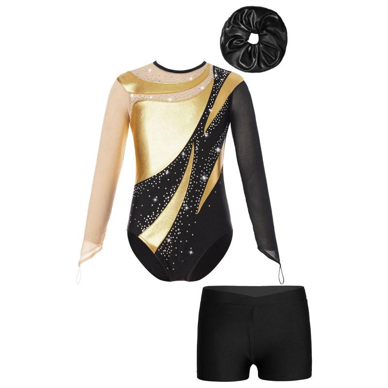 Mädchen Mesh Langarm Gymnastik Trikot Schlüsselloch Rücken Design mit V-Bund Shorts 9-10 Years schwarz/gold von Joom DACH