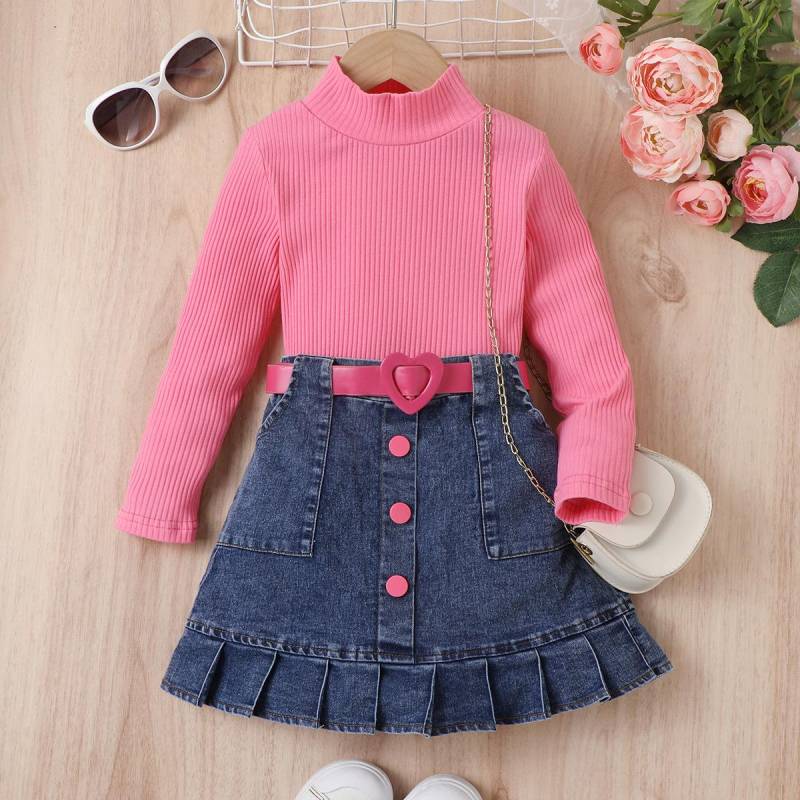 Mädchen Mode Set, Sommer Kinder Freizeit Einfarbig Langarm Oberteil, Denim Faltenrock Set 130cm rose rot von Joom DACH