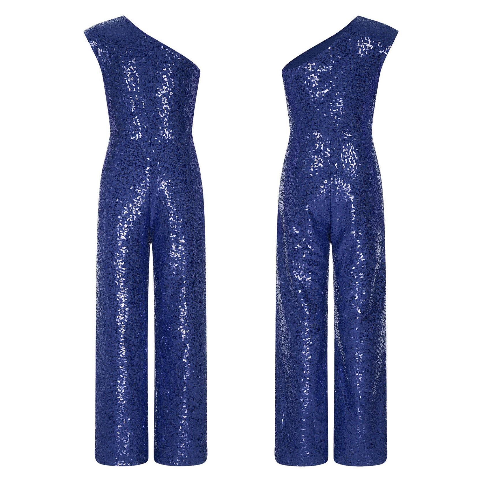 Mädchen-Overall mit Pailletten, schulterfrei, ärmellos, hohe Taille, Party-Strampler, Tanzkostüm 11-12 Years navy blau von Joom DACH