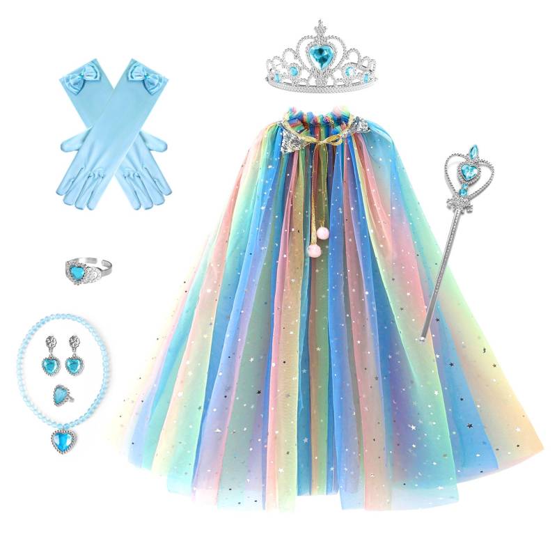 Mädchen Pailletten Kordelzug Umhang Dress up Prinzessin Zubehör Aurora Cape Krone Zauberstab Halskette Handschuh Set Cosplay Mantel L(7-10T) bunt von Joom DACH