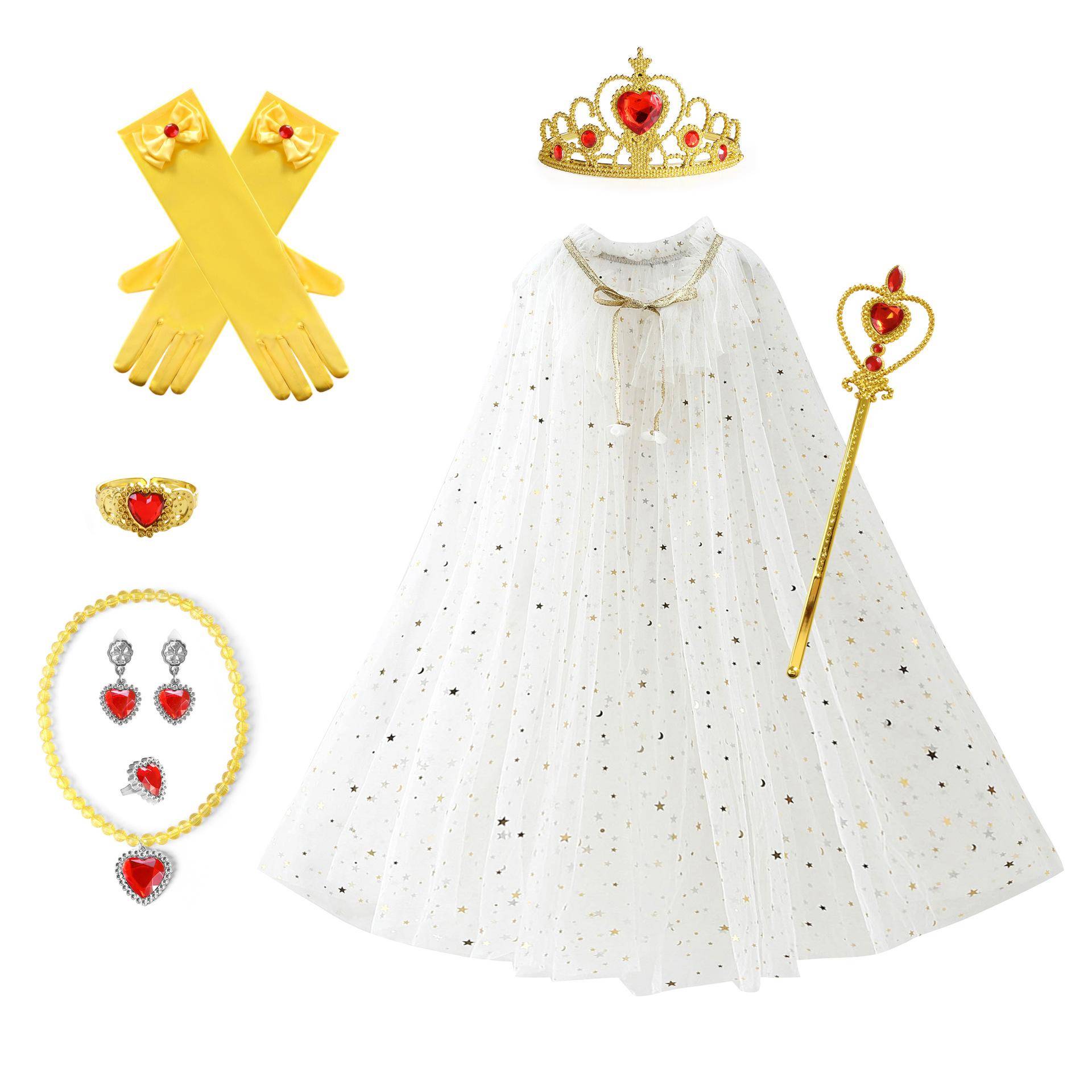Mädchen Pailletten Kordelzug Umhang Dress up Prinzessin Zubehör Aurora Cape Krone Zauberstab Halskette Handschuh Set Cosplay Mantel L(7-10T) von Joom DACH