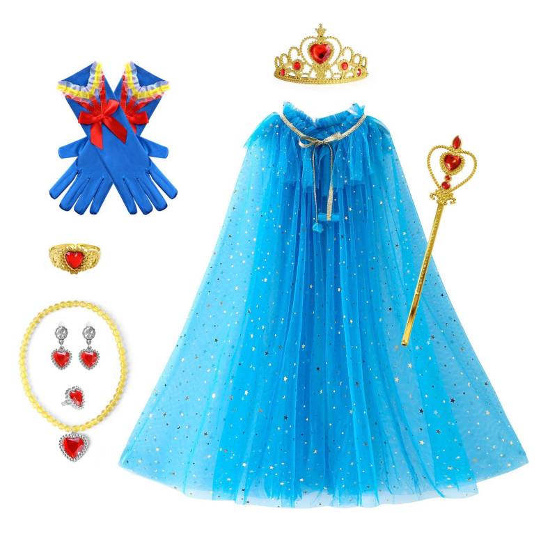 Mädchen Pailletten Kordelzug Umhang Dress up Prinzessin Zubehör Aurora Cape Krone Zauberstab Halskette Handschuh Set Cosplay Mantel M(4-6T) blau von Joom DACH