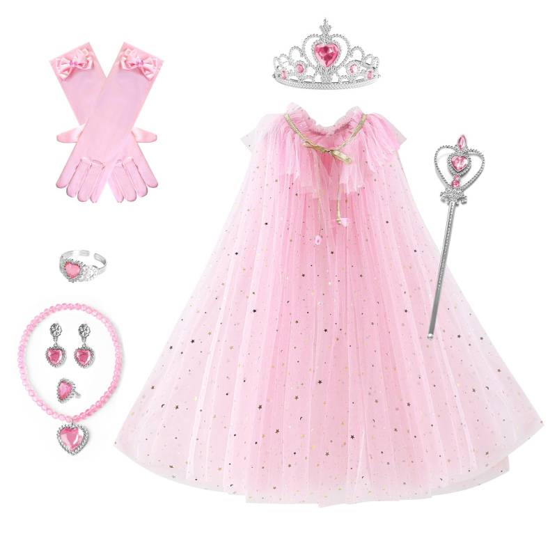 Mädchen Pailletten Kordelzug Umhang Dress up Prinzessin Zubehör Aurora Cape Krone Zauberstab Halskette Handschuh Set Cosplay Mantel M(4-6T) rosa von Joom DACH