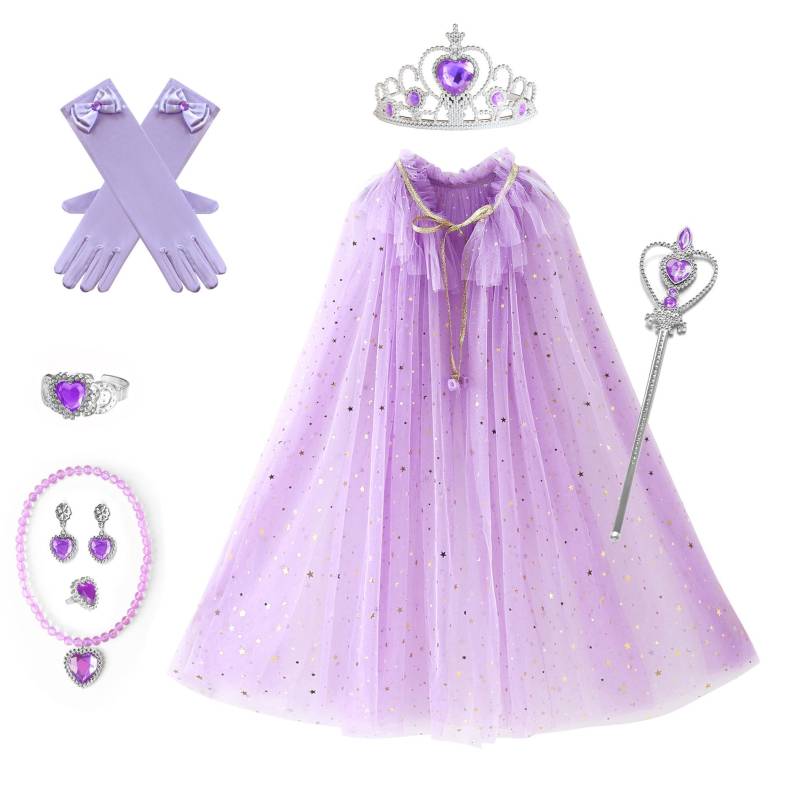 Mädchen Pailletten Kordelzug Umhang Dress up Prinzessin Zubehör Aurora Cape Krone Zauberstab Halskette Handschuh Set Cosplay Mantel M(4-6T) violett von Joom DACH
