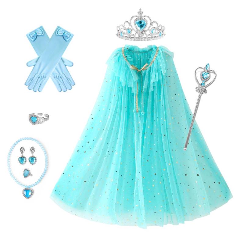 Mädchen Pailletten Kordelzug Umhang Dress up Prinzessin Zubehör Aurora Cape Krone Zauberstab Halskette Handschuh Set Cosplay Mantel M(4-6T) himmelblaue von Joom DACH