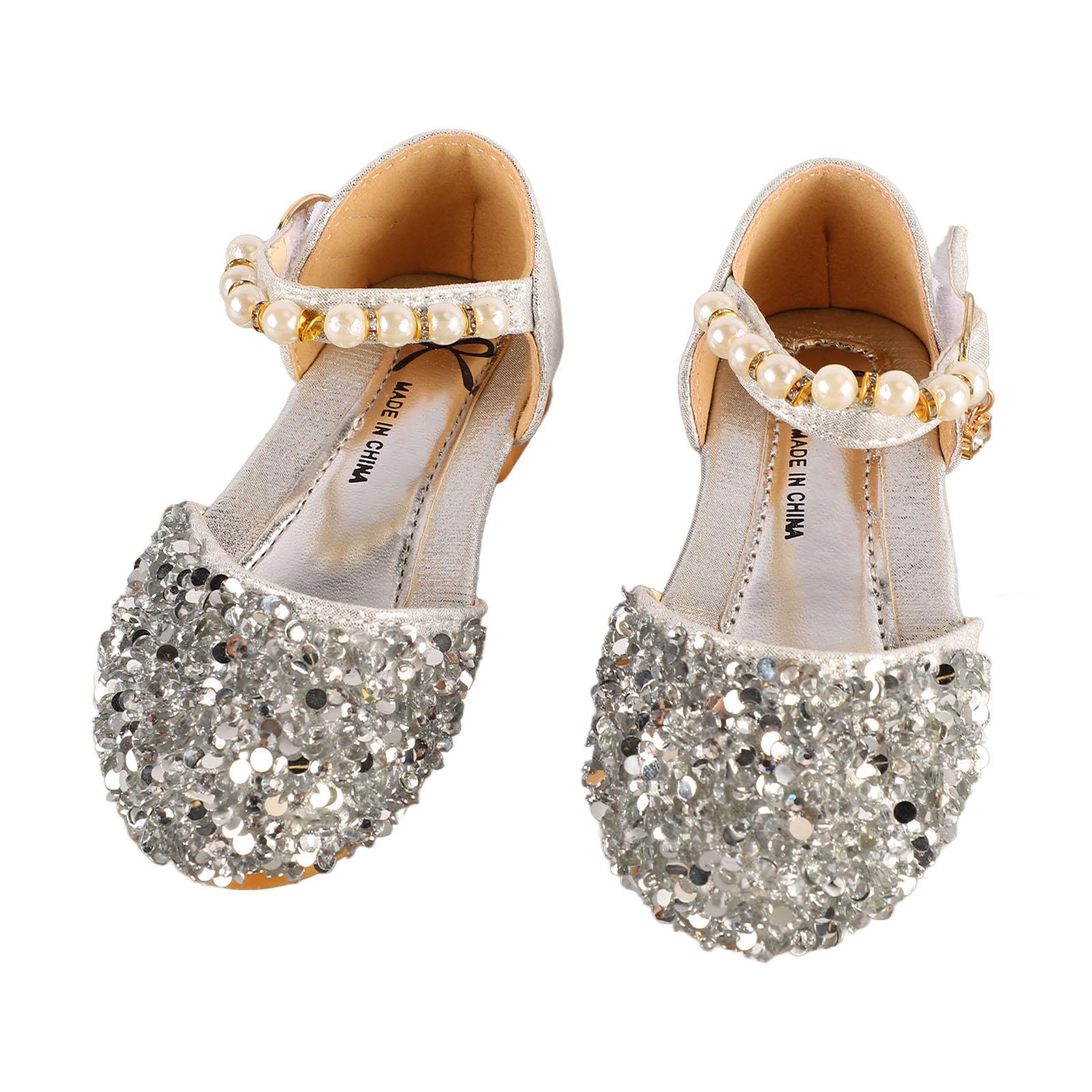 Mädchen Pailletten- und Kunstperlen-Kleiderschuhe, modische Glitzer-Ballerinas aus PU-Leder für Kinder 14cm/5.5in silber von Joom DACH