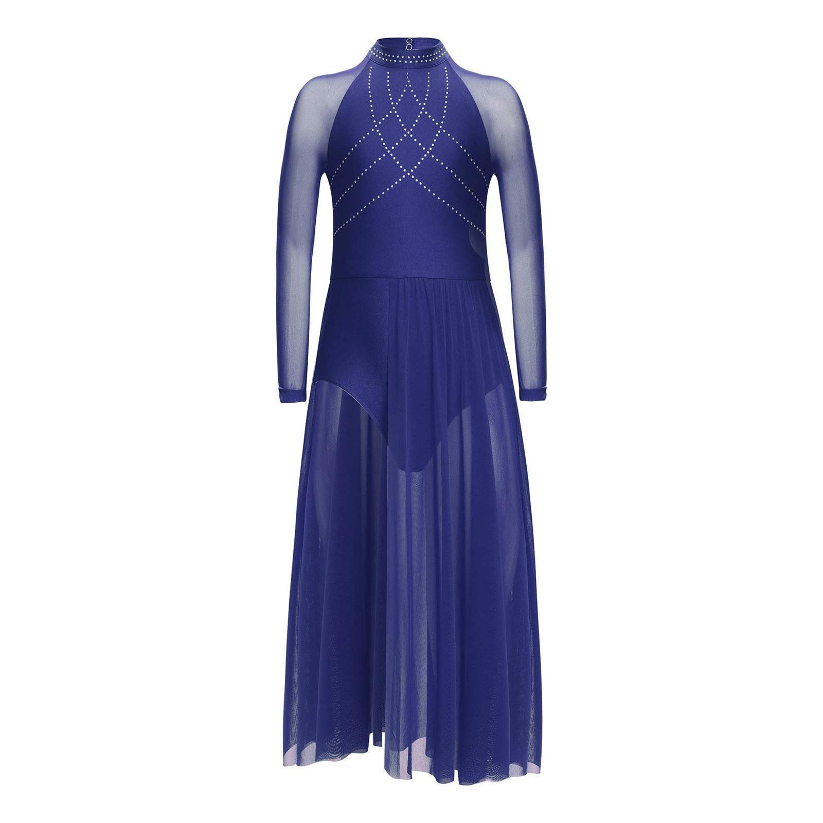 Mädchen Performance-Kleid Strasssteine Transparenter Mesh Patchwork Design Fließender Rock mit Schlitz Schlüsselloch-Rücken Body 11-12 Years navy blau von Joom DACH