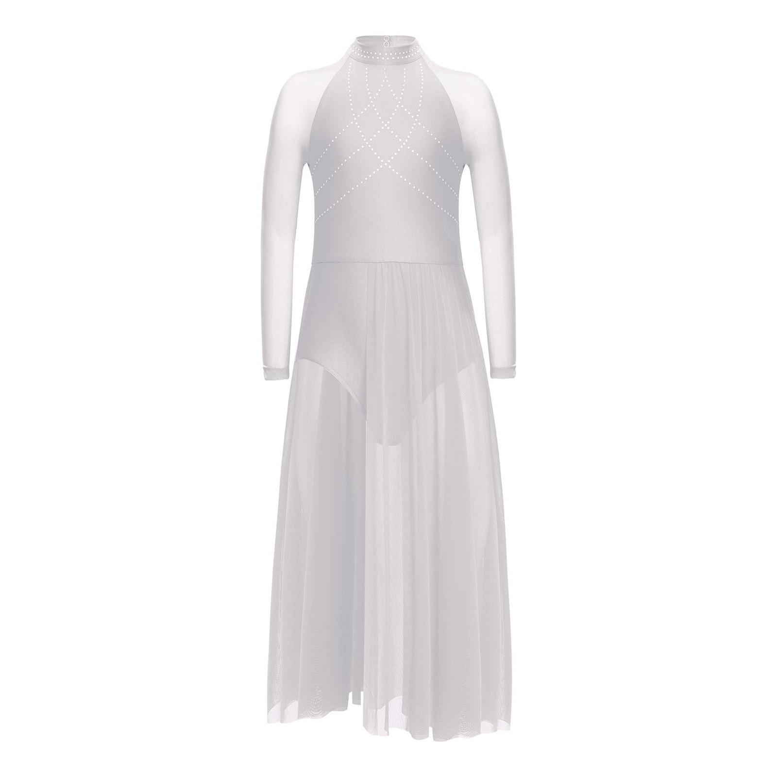 Mädchen Performance-Kleid Strasssteine Transparenter Mesh Patchwork Design Fließender Rock mit Schlitz Schlüsselloch-Rücken Body 11-12 Years weiß von Joom DACH