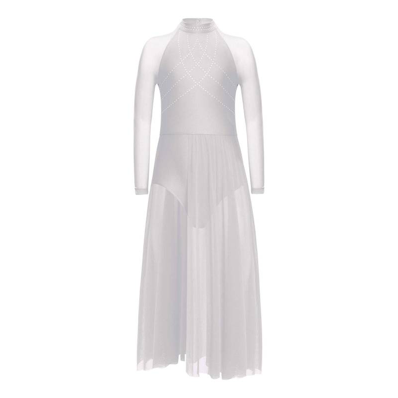 Mädchen Performance-Kleid Strasssteine Transparenter Mesh Patchwork Design Fließender Rock mit Schlitz Schlüsselloch-Rücken Body 13-14 Years weiß von Joom DACH