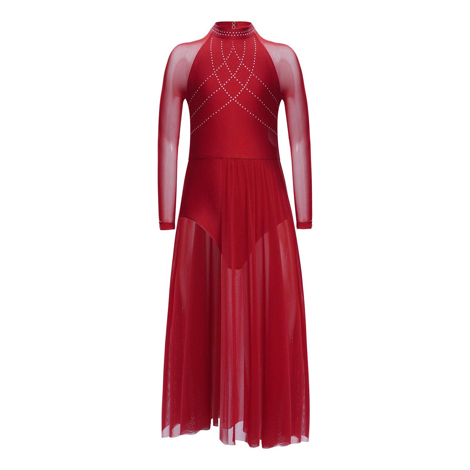 Mädchen Performance-Kleid Strasssteine Transparenter Mesh Patchwork Design Fließender Rock mit Schlitz Schlüsselloch-Rücken Body 15-16 Years bordeaux von Joom DACH