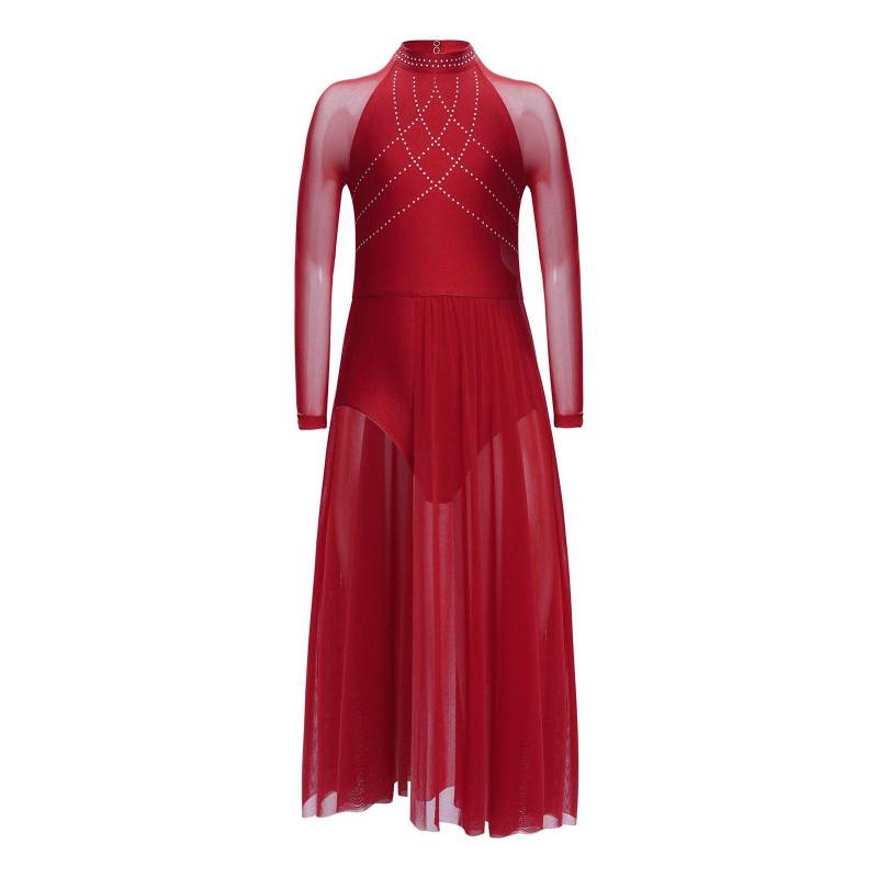 Mädchen Performance-Kleid Strasssteine Transparenter Mesh Patchwork Design Fließender Rock mit Schlitz Schlüsselloch-Rücken Body 15-16 Years bordeaux von Joom DACH