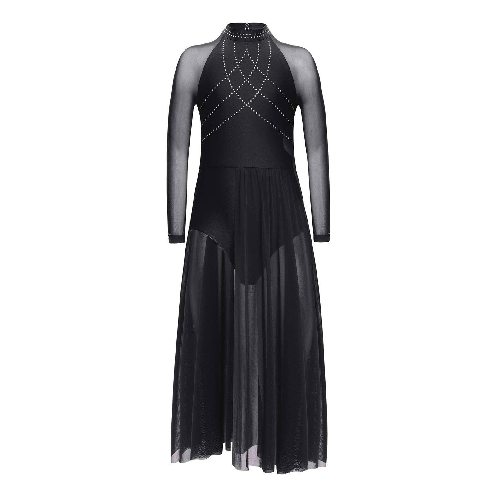 Mädchen Performance-Kleid Strasssteine Transparenter Mesh Patchwork Design Fließender Rock mit Schlitz Schlüsselloch-Rücken Body 9-10 Years schwarz von Joom DACH