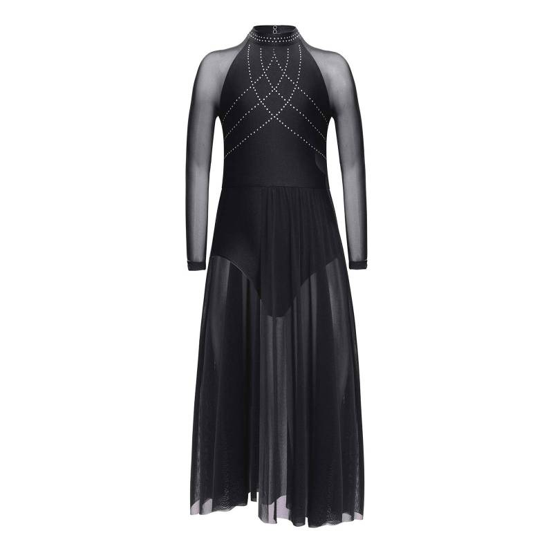 Mädchen Performance-Kleid Strasssteine Transparenter Mesh Patchwork Design Fließender Rock mit Schlitz Schlüsselloch-Rücken Body 9-10 Years schwarz von Joom DACH