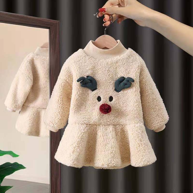 Mädchen Plüschkleid Süß und Lieblich Pullover A-Linien-Kleid Stehkragen Langarmshirt 3D Cartoon Elch Herbst Winter 120 off-weiße von Joom DACH