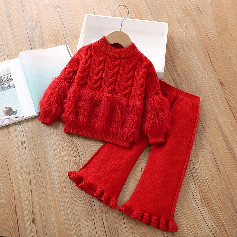Mädchen Pullover Set Herbst 2025 Neu Koreanisch Fake Zweiteiler Strick Mädchen Anzug Langarm Oberteil+Hose Zweiteiler Set 110 rot von Joom DACH