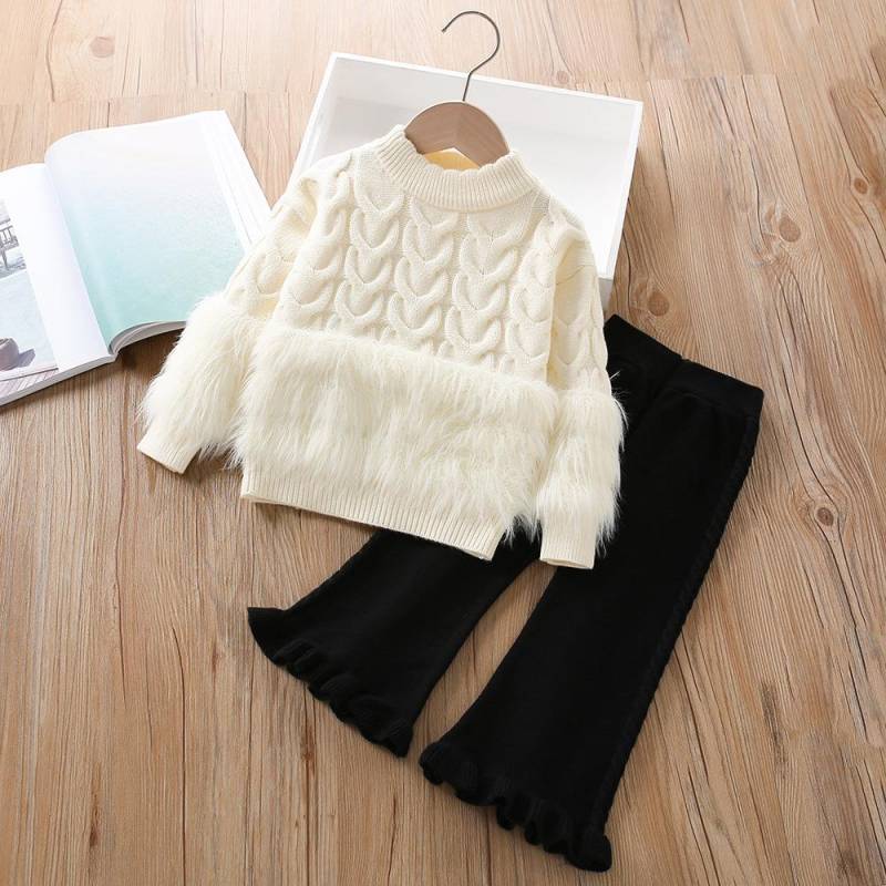 Mädchen Pullover Set Herbst 2025 Neu Koreanisch Fake Zweiteiler Strick Mädchen Anzug Langarm Oberteil+Hose Zweiteiler Set 120 beige von Joom DACH