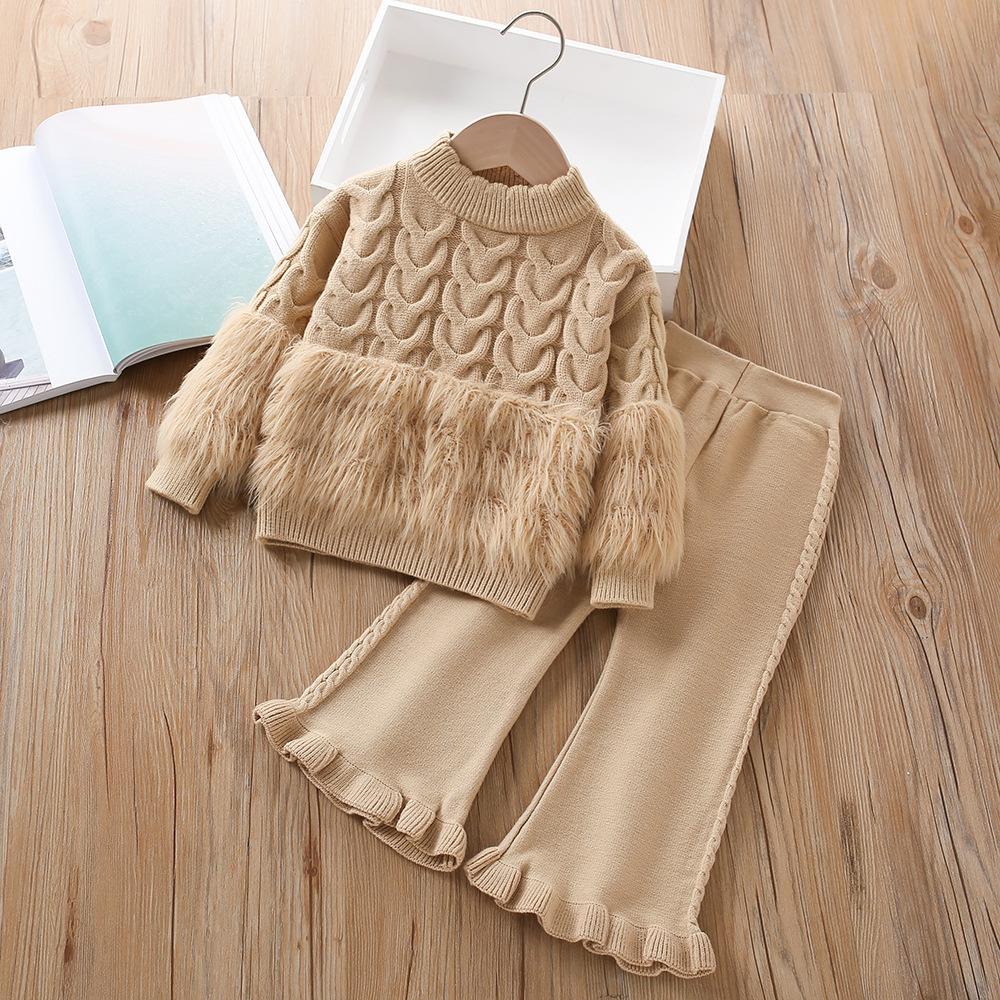 Mädchen Pullover Set Herbst 2025 Neu Koreanisch Fake Zweiteiler Strick Mädchen Anzug Langarm Oberteil+Hose Zweiteiler Set 120 khaki von Joom DACH