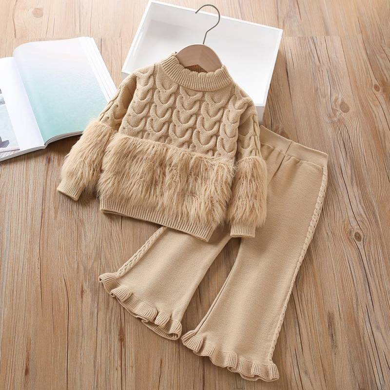 Mädchen Pullover Set Herbst 2025 Neu Koreanisch Fake Zweiteiler Strick Mädchen Anzug Langarm Oberteil+Hose Zweiteiler Set 130 khaki von Joom DACH
