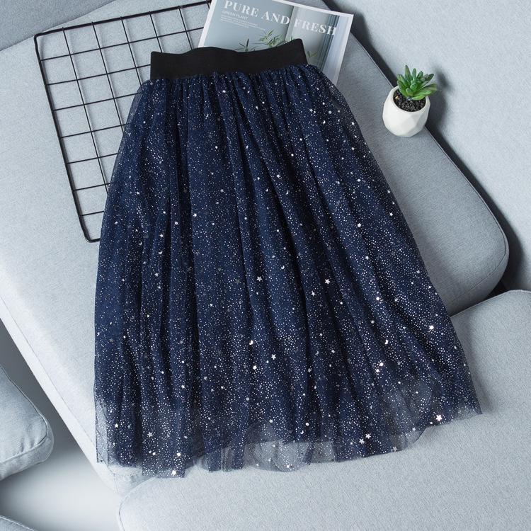 Mädchen-Rock aus Netzgaze mit Sternenmuster – 2023 Frühling/Sommer Feen-Langer Rock für Kinder 130cm navy blau von Joom DACH