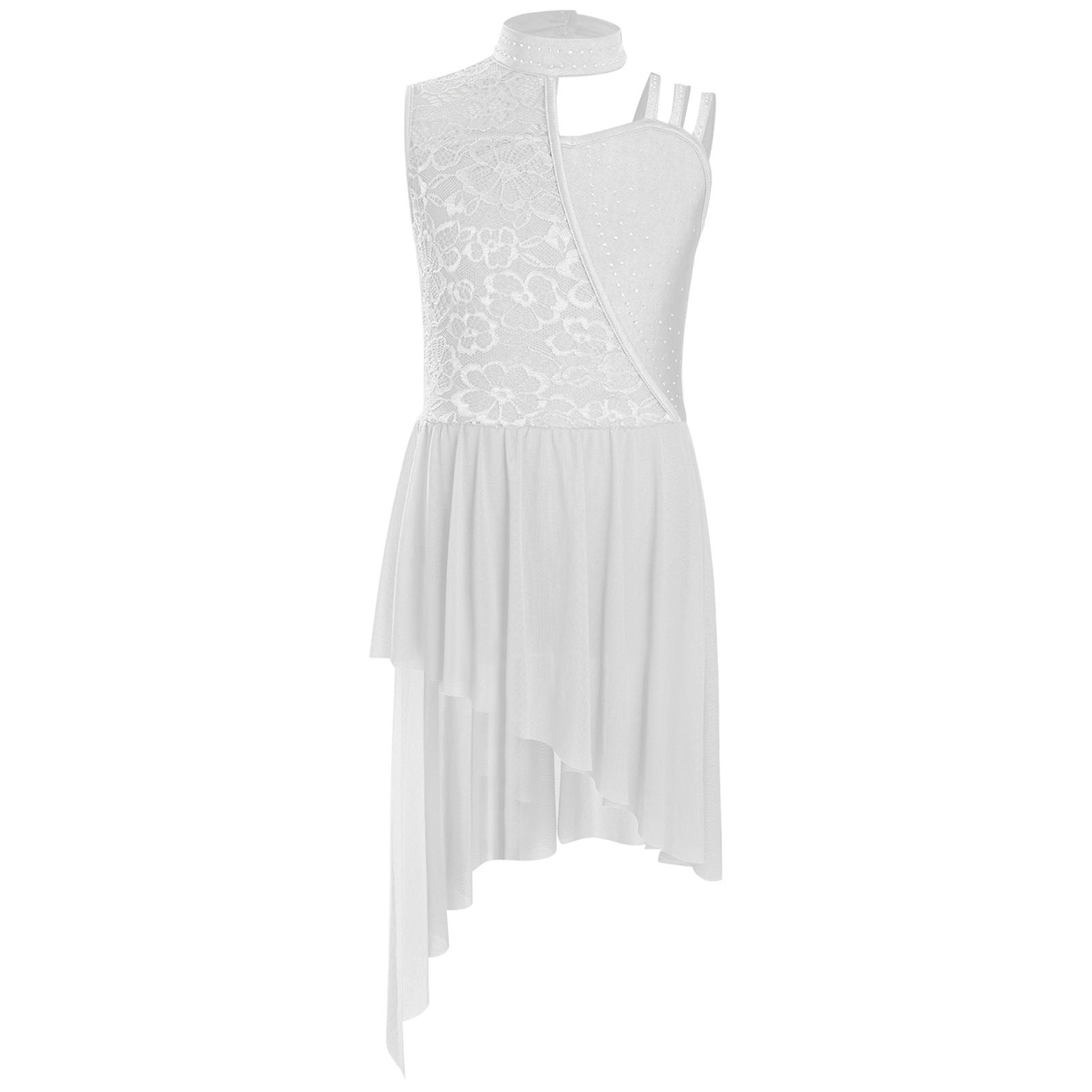 Mädchen Rollkragen Bodykleid Blumenspitze Strasssteine Asymmetrische Schulter Unregelmäßiger Saum Lyrisches Tanzkostüm 13-14 Years weiß von Joom DACH