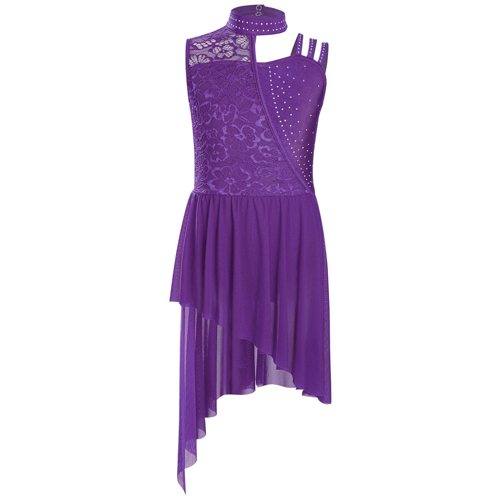 Mädchen Rollkragen Bodykleid Blumenspitze Strasssteine Asymmetrische Schulter Unregelmäßiger Saum Lyrisches Tanzkostüm 13-14 Years violett von Joom DACH