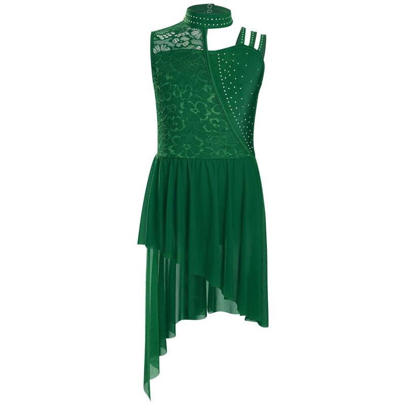 Mädchen Rollkragen Bodykleid Blumenspitze Strasssteine Asymmetrische Schulter Unregelmäßiger Saum Lyrisches Tanzkostüm grün von Joom DACH