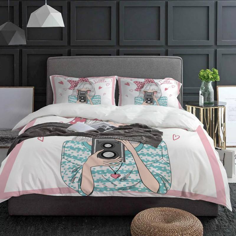 Mädchen Rosa Schleife Kamera Bettwäsche Set 3tlg Jungen Mädchen Bettbezug Kissenbezug Kinder Erwachsene Bettbezug Doppelbett Set Heimtextil EU single(135x200cm) von Joom DACH