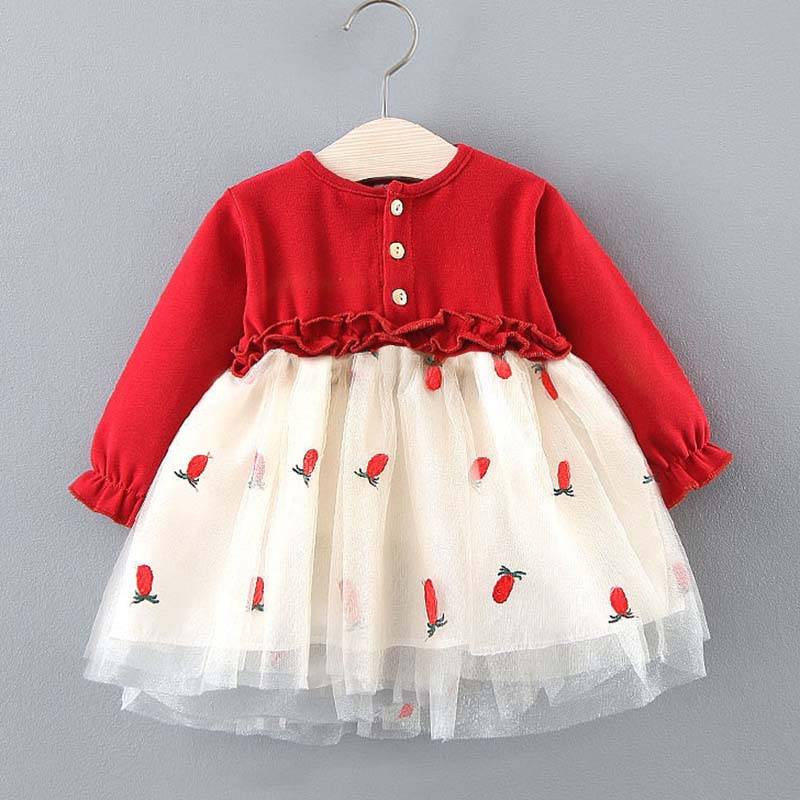 Mädchen Rotes Kleid Süße und Schöne Lange ärmeln Strickjacke Pochiert Prinzessin Rock Bestickt Cartoon Muster A-linie Schlank Frühling und Herbst 90 rot von Joom DACH
