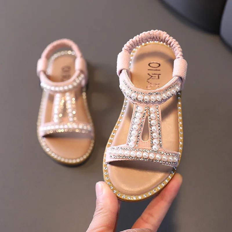 Mädchen Sandalen Kinder Sommer Römische Schuhe 2022 Elegante Perle Strass Party Prinzessin Schuh Wohnungen Rutschfeste Beiläufige Mädchen Strand Sandale 22 von Joom DACH